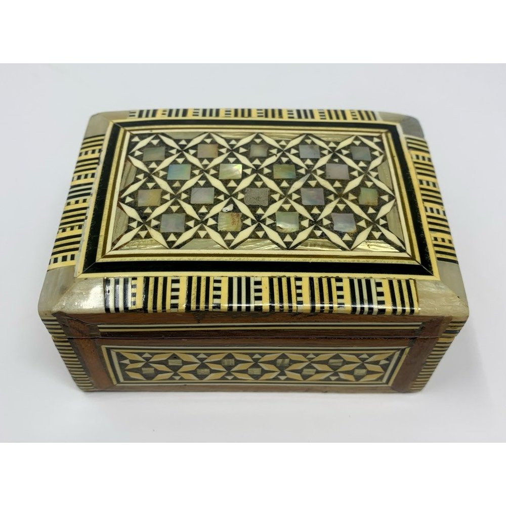 Carved Mosaic Abalone Shell Inlay Trinket Box Earthy Colors Velvet Lined Vintage